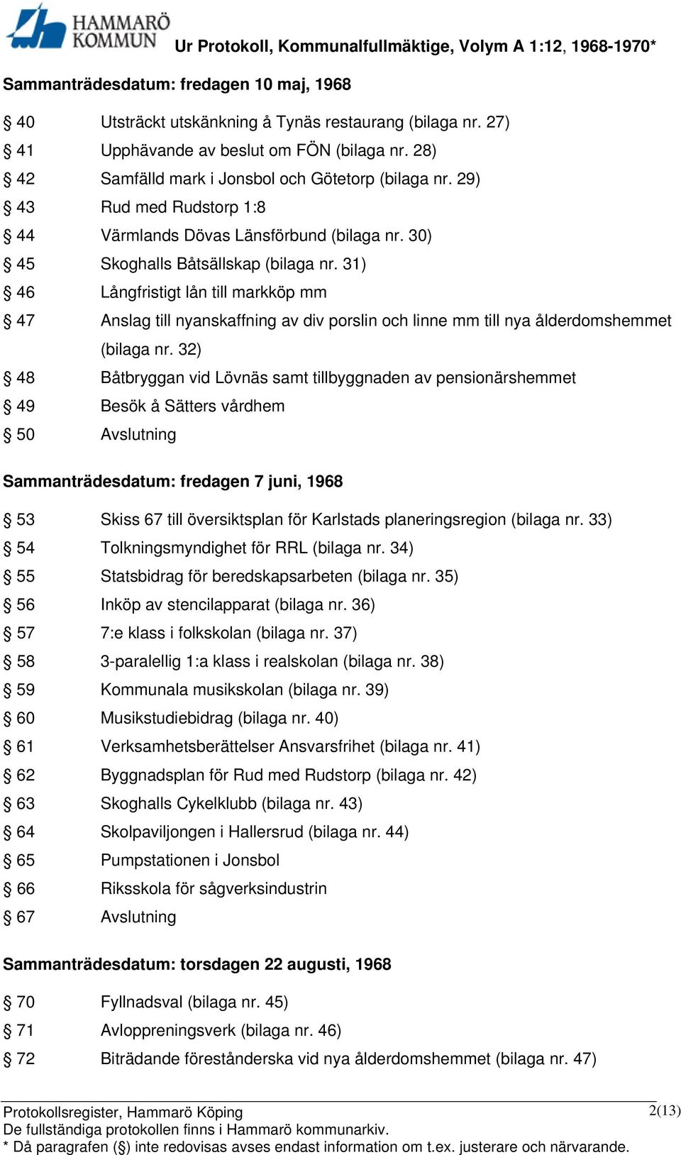 31) 46 Långfristigt lån till markköp mm 47 Anslag till nyanskaffning av div porslin och linne mm till nya ålderdomshemmet (bilaga nr.