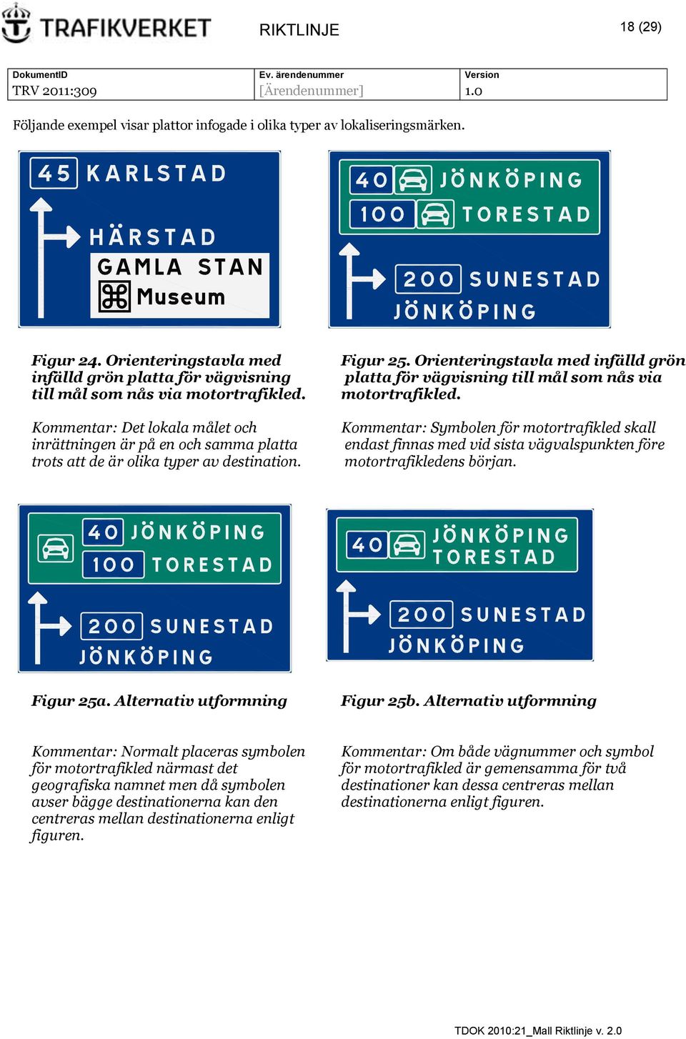 Orienteringstavla med infälld grön platta för vägvisning till mål som nås via motortrafikled.