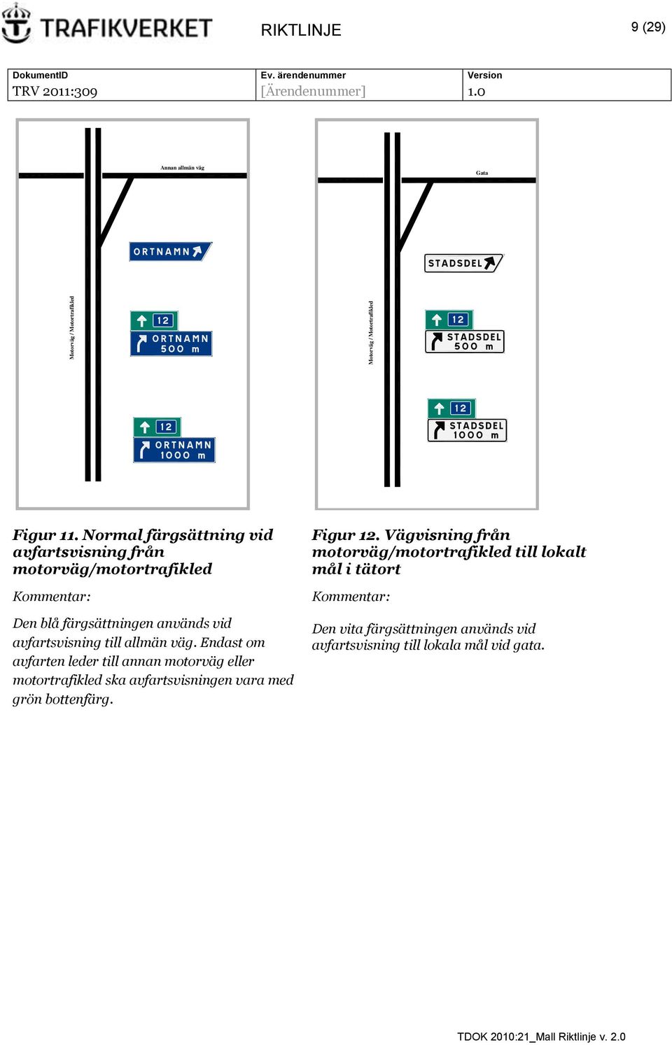 allmän väg. Endast om avfarten leder till annan motorväg eller motortrafikled ska avfartsvisningen vara med grön bottenfärg.