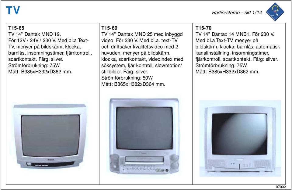 tax MND 25 med inbyggd video. För 230 V. Med bl.a. text-tv och driftsäker kvalitetsvideo med 2 huvuden, menyer på bildskärm, klocka, scartkontakt, videoindex med söksystem, fjärrkontroll, slowmotion/ stillbilder.
