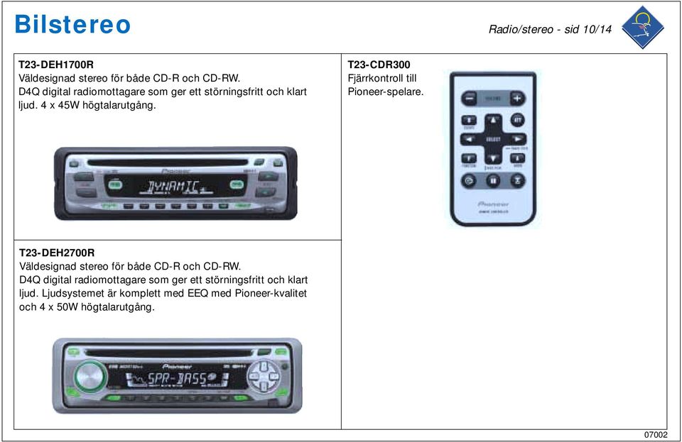 T23-CDR300 Fjärrkontroll till Pioneer-spelare. T23-DEH2700R Väldesignad stereo för både CD-R och CD-RW.