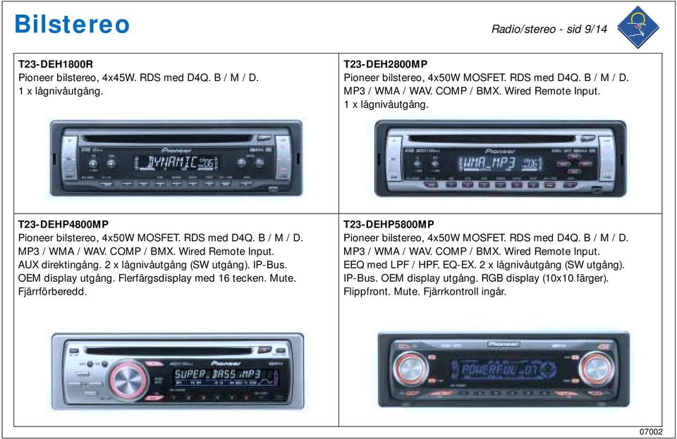 2 x lågnivåutgång (SW utgång). IP-Bus. OEM display utgång. Flerfärgsdisplay med 16 tecken. Mute. Fjärrförberedd. T23-DEHP5800MP Pioneer bilstereo, 4x50W MOSFET. RDS med D4Q. B / M / D.