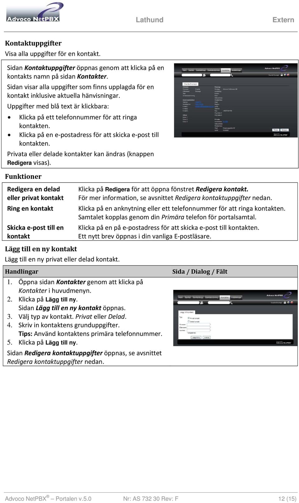 Klicka på en e postadress för att skicka e post till kontakten. Privata eller delade kontakter kan ändras (knappen Redigera visas).