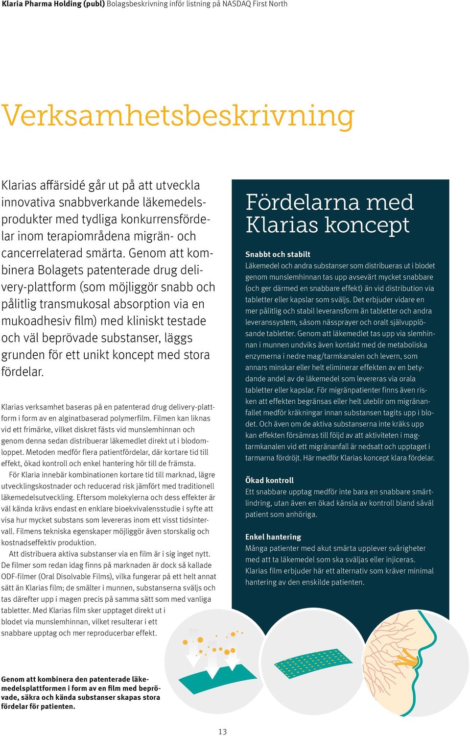 läggs grunden för ett unikt koncept med stora fördelar. Klarias verksamhet baseras på en patenterad drug delivery-plattform i form av en alginatbaserad polymerfilm.