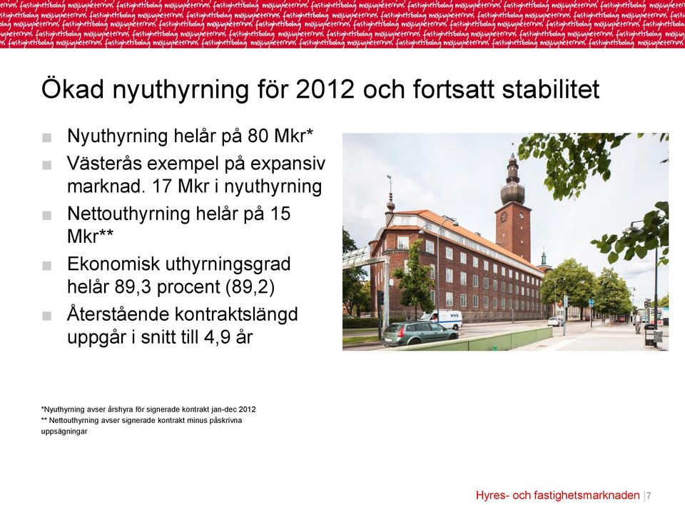 17 Mkr i nyuthyrning Nettouthyrning helår på 15 Mkr** Ekonomisk uthyrningsgrad helår 89,3 procent (89,2)