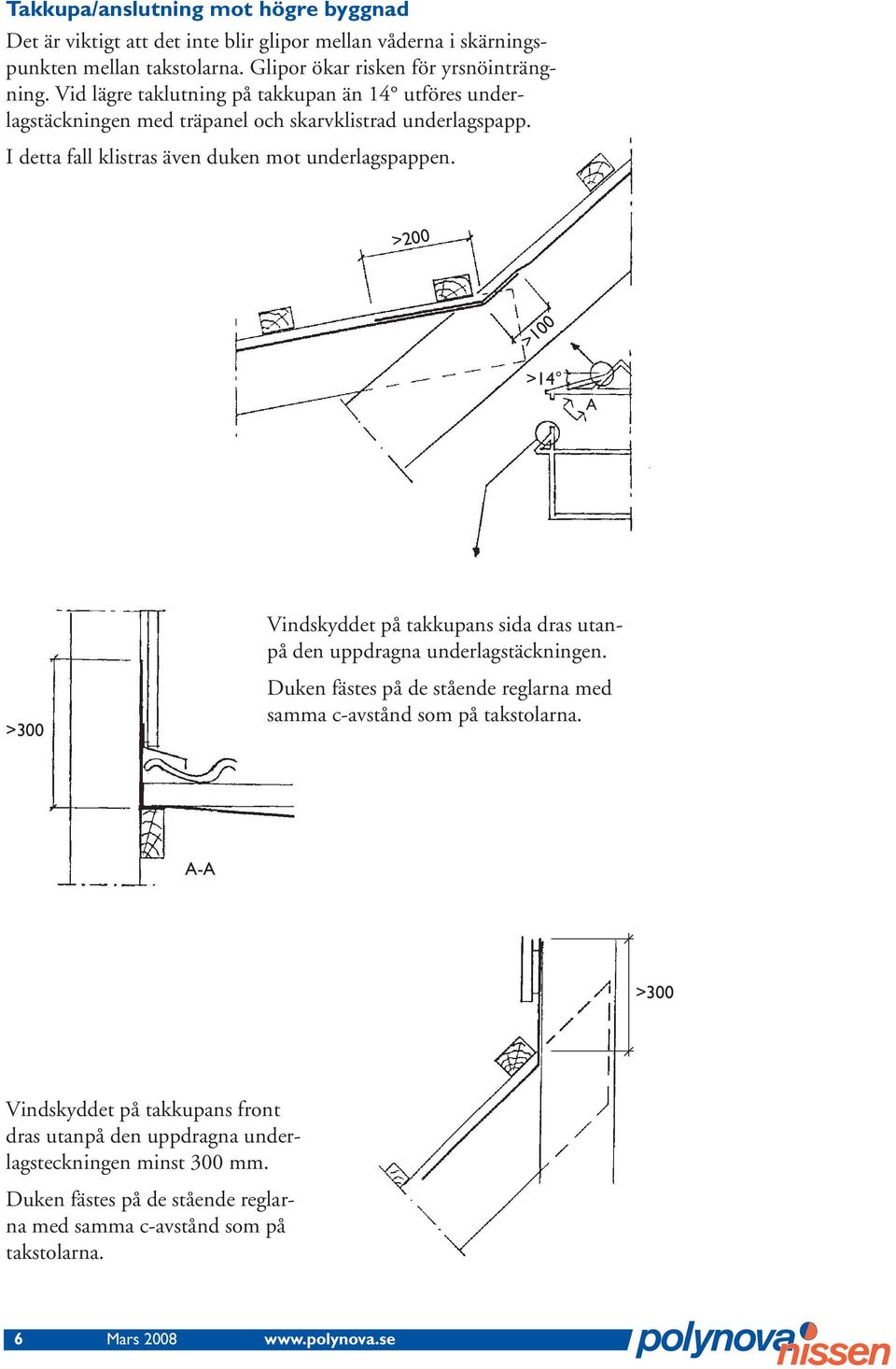 >200 >100 >14 A >300 Vindskyddet på takkupans sida dras utanpå den uppdragna underlagstäckningen.