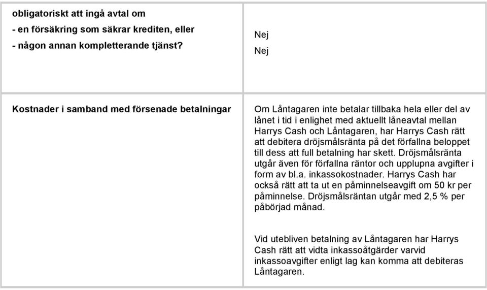 Cash rätt att debitera dröjsmålsränta på det förfallna beloppet till dess att full betalning har skett. Dröjsmålsränta utgår även för förfallna räntor och upplupna avgifter i form av bl.a. inkassokostnader.