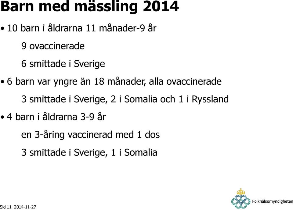 smittade i Sverige, 2 i Somalia och 1 i Ryssland 4 barn i åldrarna 3-9 år