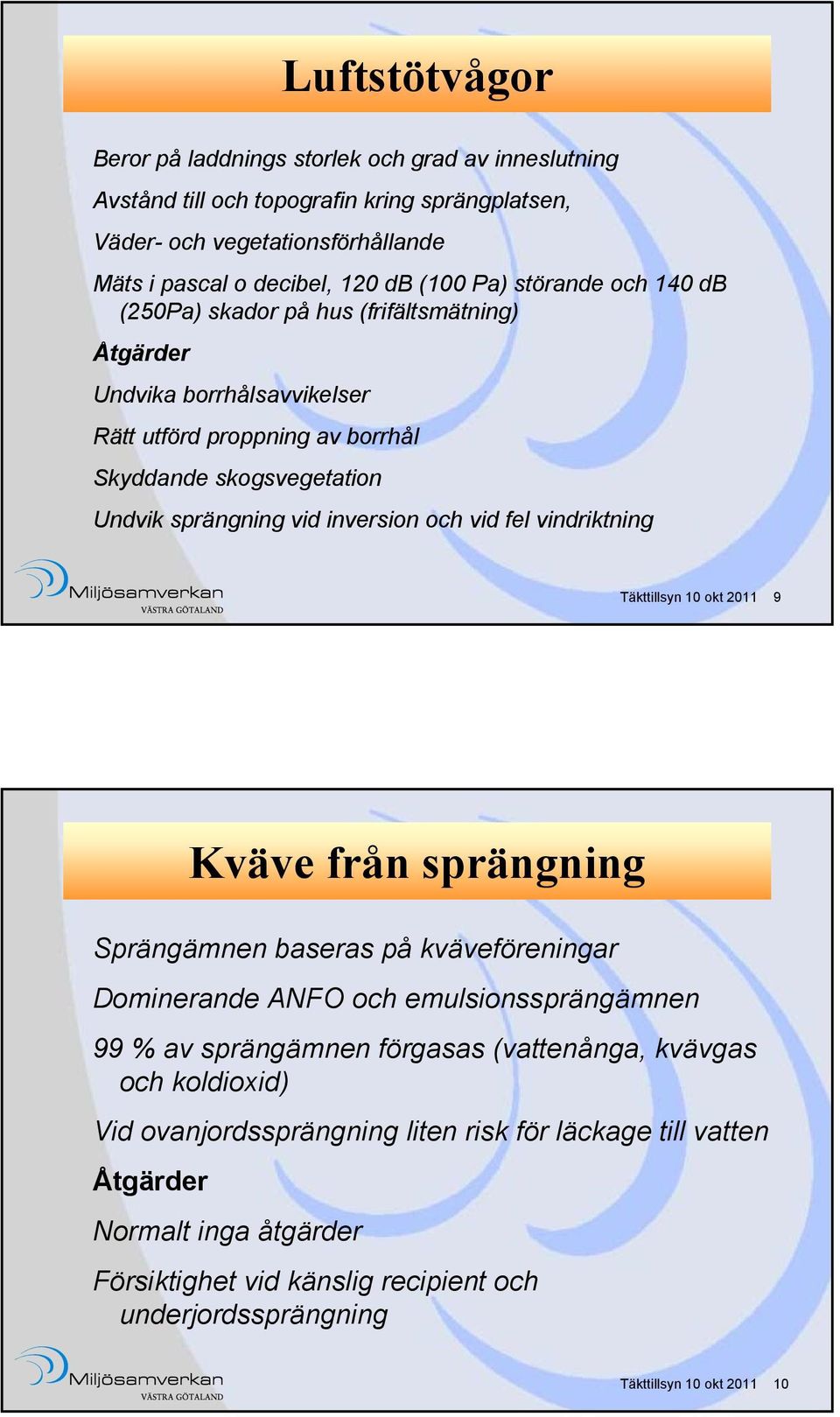 vid fel vindriktning Täkttillsyn 10 okt 2011 9 Kväve från sprängning Sprängämnen baseras på kväveföreningar Dominerande ANFO och emulsionssprängämnen 99 % av sprängämnen förgasas