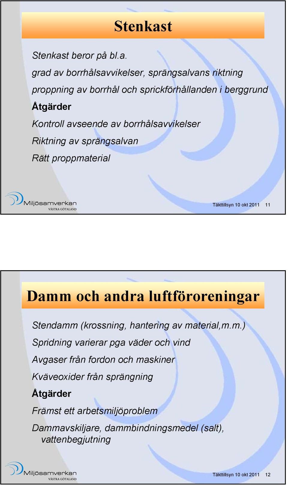 grad av borrhålsavvikelser, sprängsalvans riktning proppning av borrhål och sprickförhållanden i berggrund Kontroll avseende av