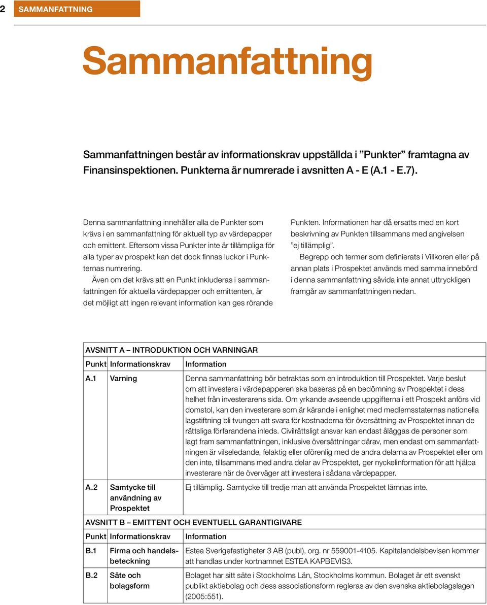 Eftersom vissa Punkter inte är tillämpliga för alla typer av prospekt kan det dock finnas luckor i Punkternas numrering.