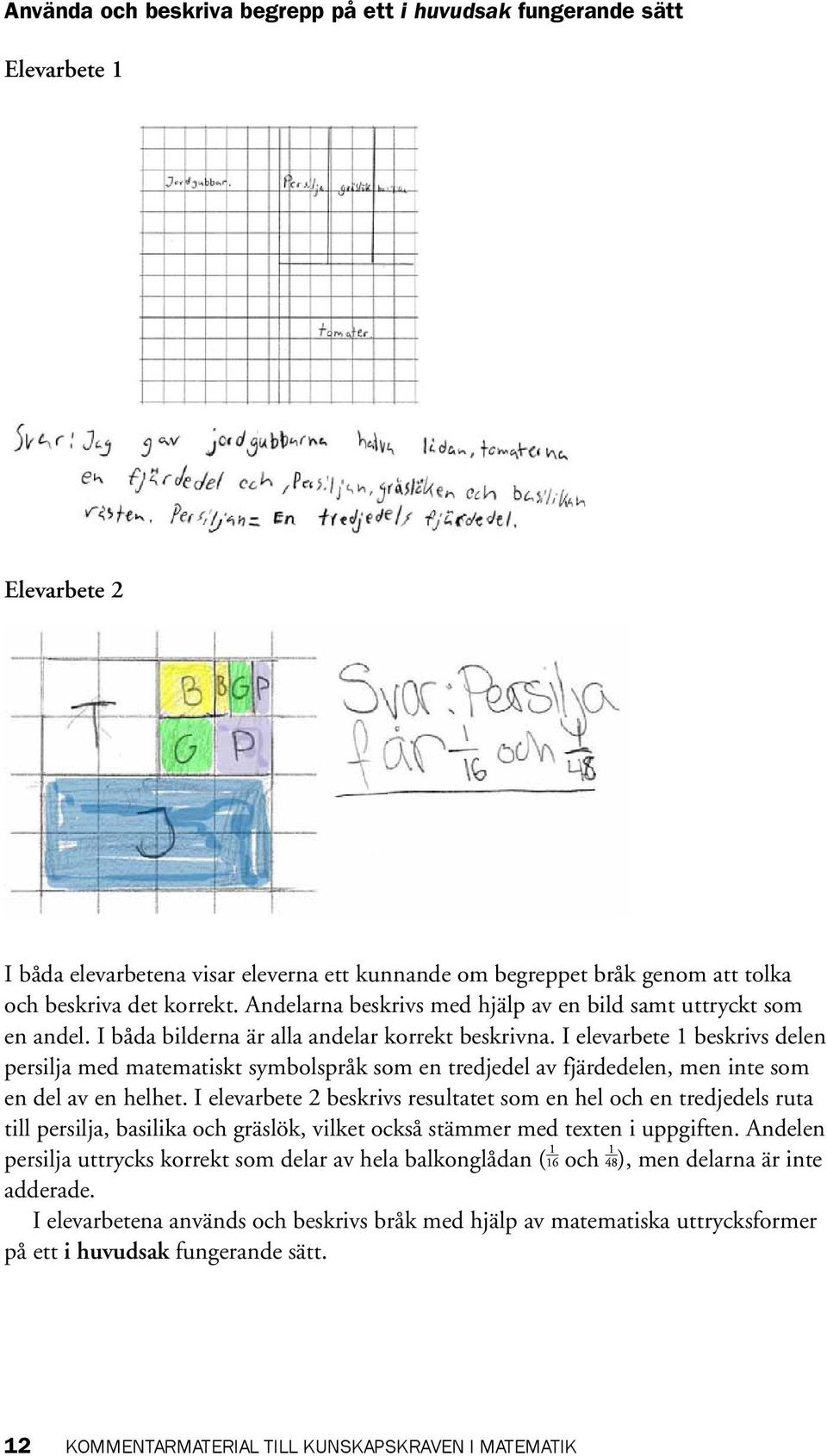 I elevarbete 1 beskrivs delen persilja med matematiskt symbolspråk som en tredjedel av fjärdedelen, men inte som en del av en helhet.