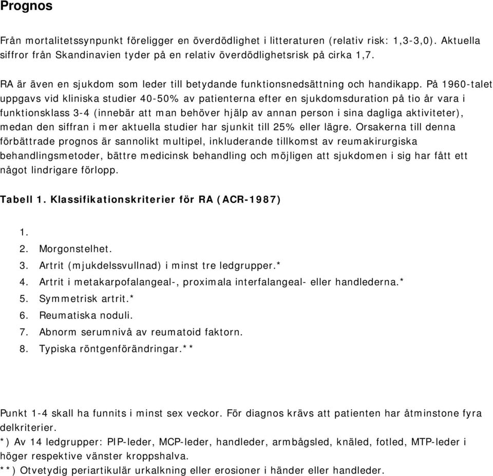 På 1960-talet uppgavs vid kliniska studier 40-50% av patienterna efter en sjukdomsduration på tio år vara i funktionsklass 3-4 (innebär att man behöver hjälp av annan person i sina dagliga