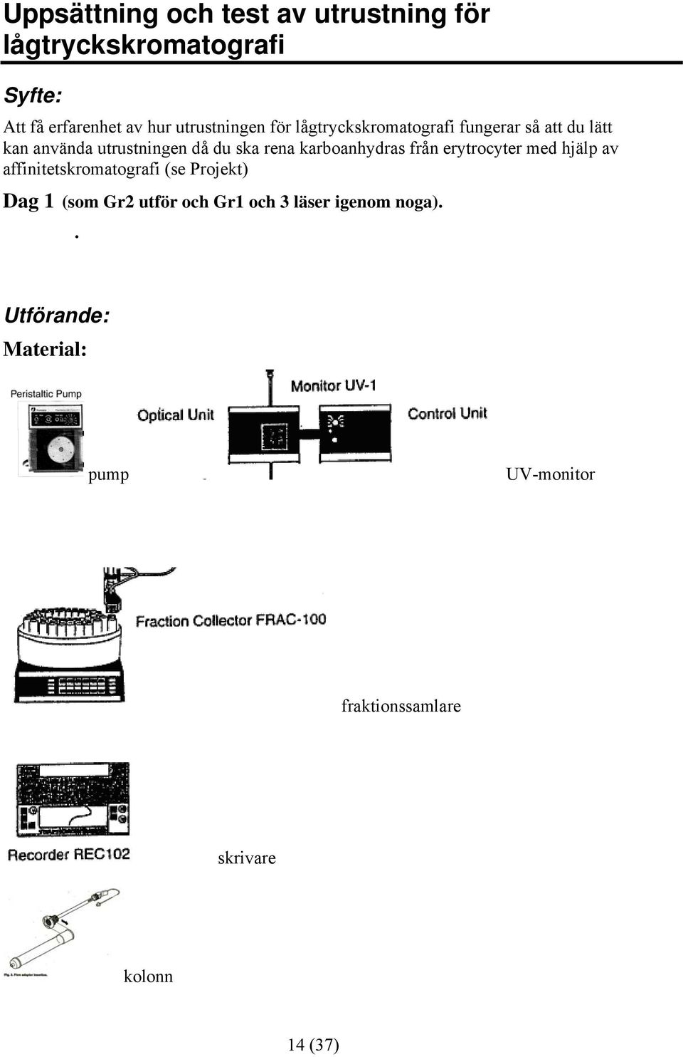 karboanhydras från erytrocyter med hjälp av affinitetskromatografi (se Projekt) Dag 1 (som Gr2 utför