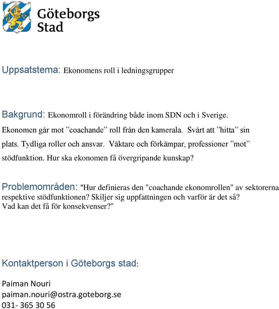 Väktare och förkämpar, professioner mot stödfunktion. Hur ska ekonomen få övergripande kunskap?