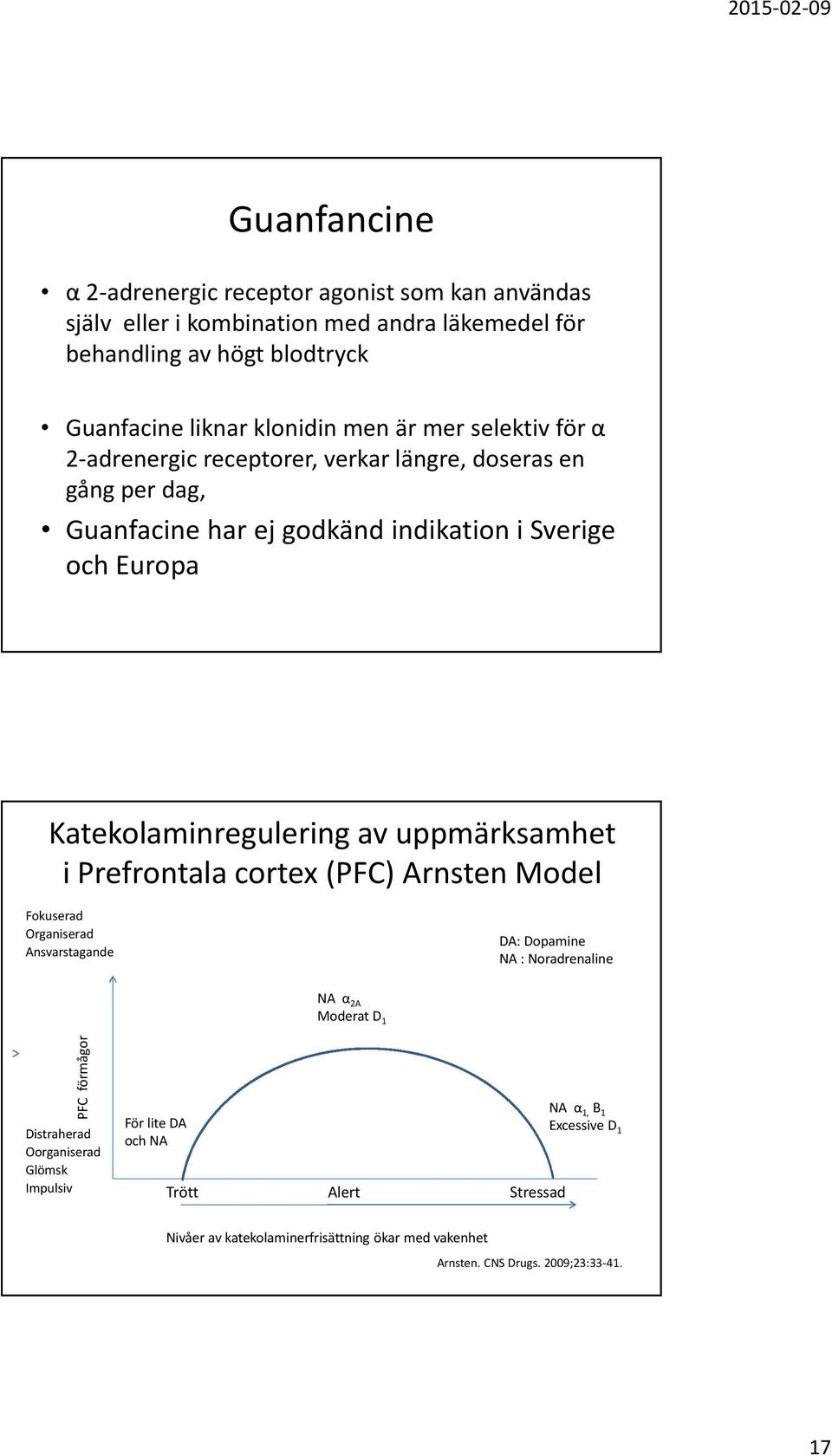 uppmärksamhet i Prefrontala cortex (PFC) Arnsten Model Fokuserad Organiserad Ansvarstagande DA: Dopamine NA : Noradrenaline NA α 2A Moderat D 1 PFC förmågor Distraherad