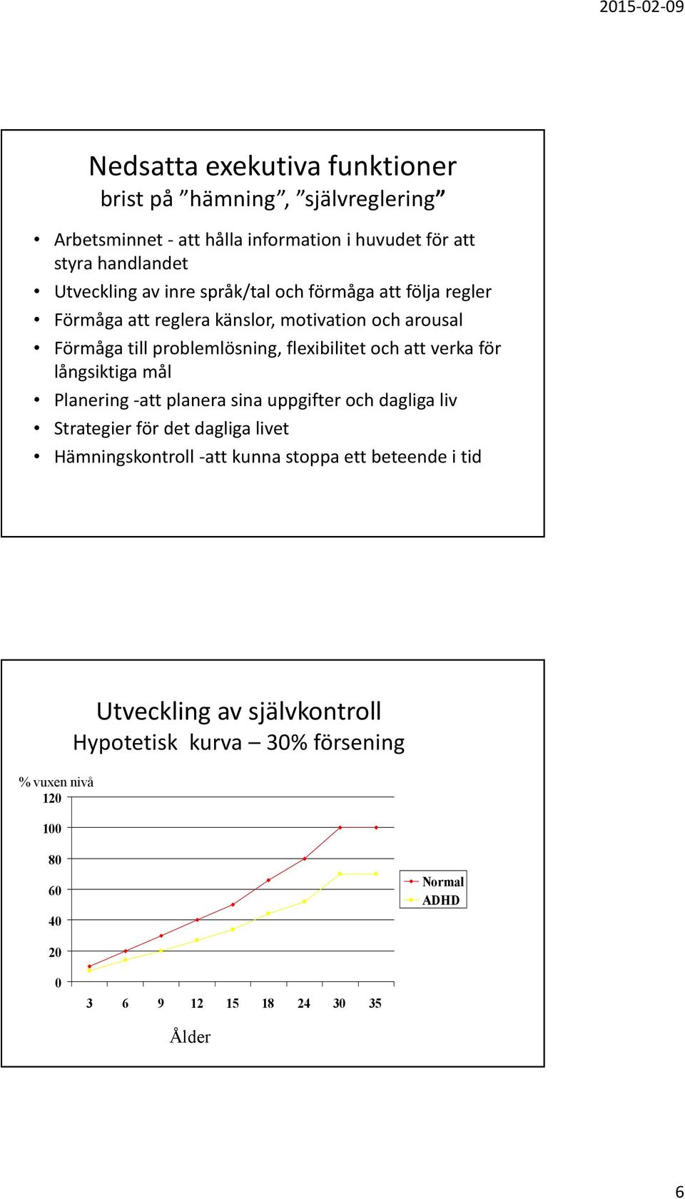verka för långsiktiga mål Planering -att planera sina uppgifter och dagliga liv Strategier för det dagliga livet Hämningskontroll -att kunna stoppa