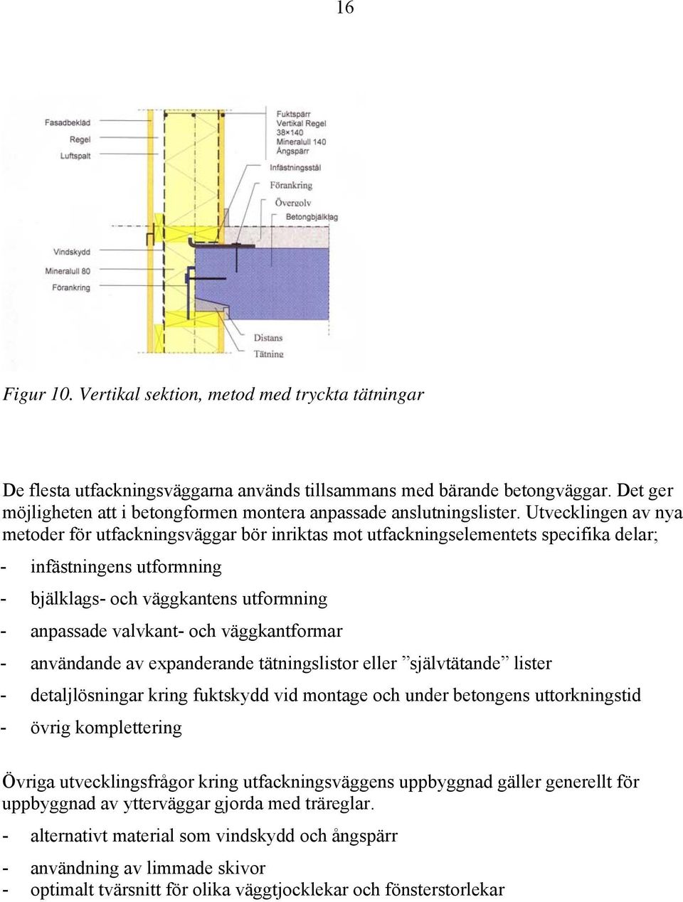 Utvecklingen av nya metoder för utfackningsväggar bör inriktas mot utfackningselementets specifika delar; - infästningens utformning - bjälklags- och väggkantens utformning - anpassade valvkant- och