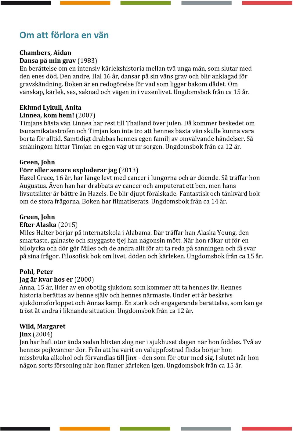 Ungdomsbok från ca 15 år. Eklund Lykull, Anita Linnea, kom hem! (2007) Timjans bästa vän Linnea har rest till Thailand över julen.