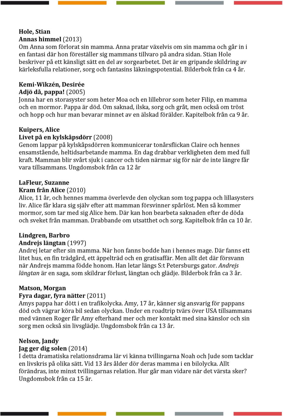 Kemi-Wikzén, Desirée Adjö då, pappa! (2005) Jonna har en storasyster som heter Moa och en lillebror som heter Filip, en mamma och en mormor. Pappa är död.