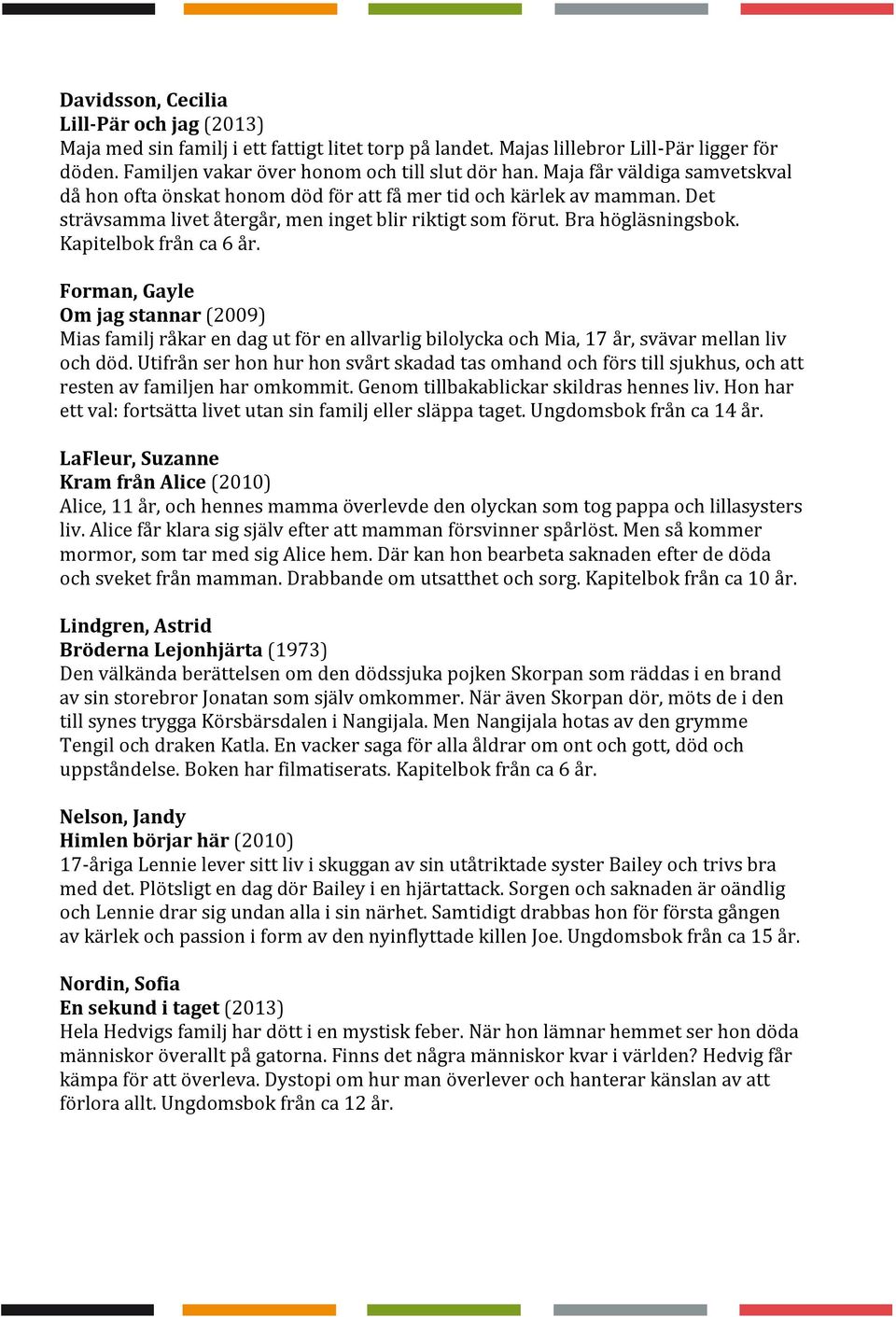 Kapitelbok från ca 6 år. Forman, Gayle Om jag stannar (2009) Mias familj råkar en dag ut för en allvarlig bilolycka och Mia, 17 år, svävar mellan liv och död.