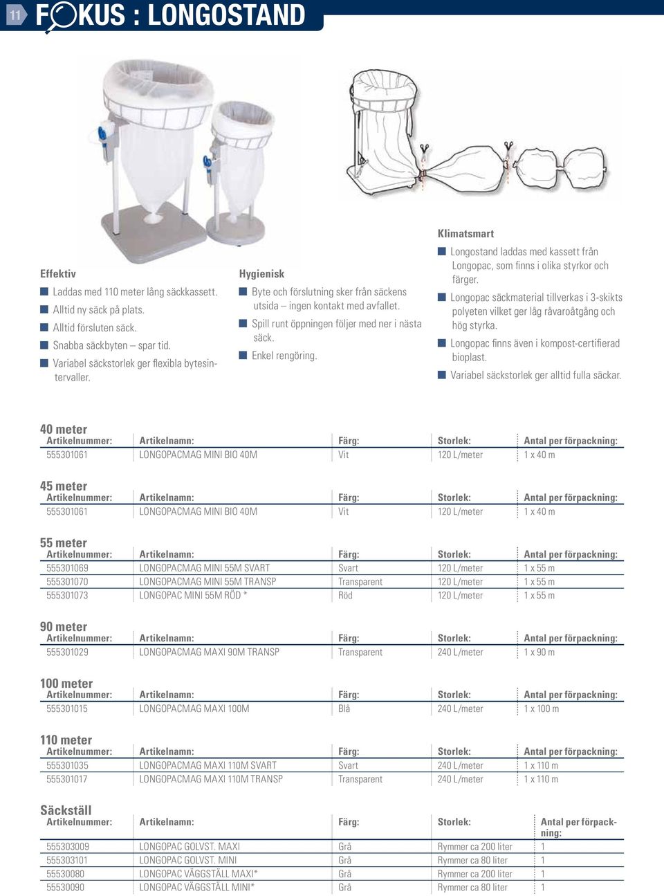Klimatsmart Longostand laddas med kassett från Longopac, som finns i olika styrkor och färger. Longopac säckmaterial tillverkas i 3-skikts polyeten vilket ger låg råvaroåtgång och hög styrka.