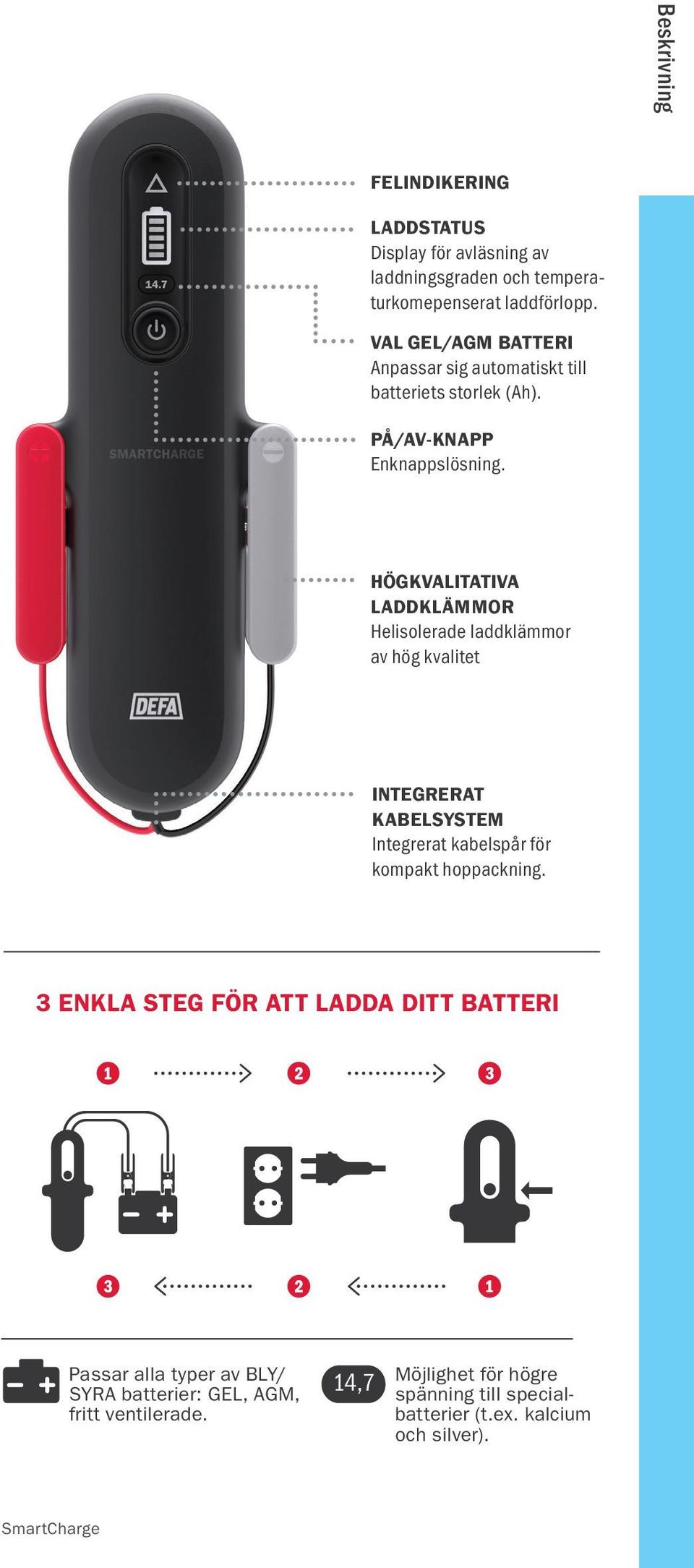 HÖGKVALITATIVA LADDKLÄMMOR Helisolerade laddklämmor av hög kvalitet INTEGRERAT KABELSYSTEM Integrerat kabelspår för kompakt hoppackning.