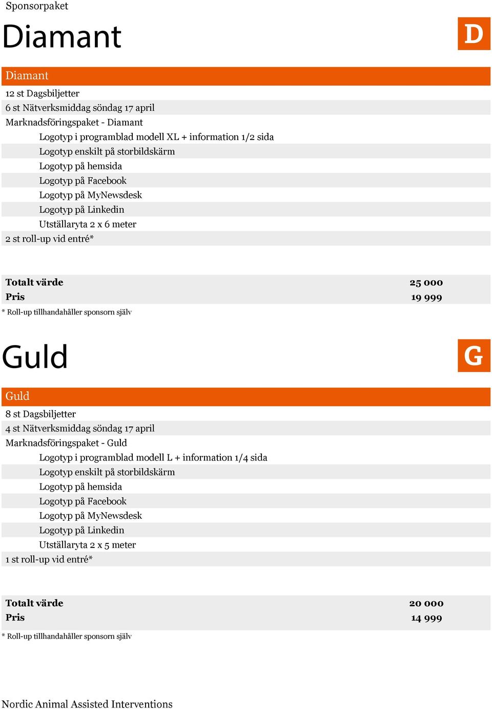 tillhandahåller sponsorn själv Guld G Guld 8 st Dagsbiljetter 4 st Nätverksmiddag söndag 17 april Marknadsföringspaket - Guld Logotyp i programblad modell L + information 1/4 sida Logotyp enskilt på