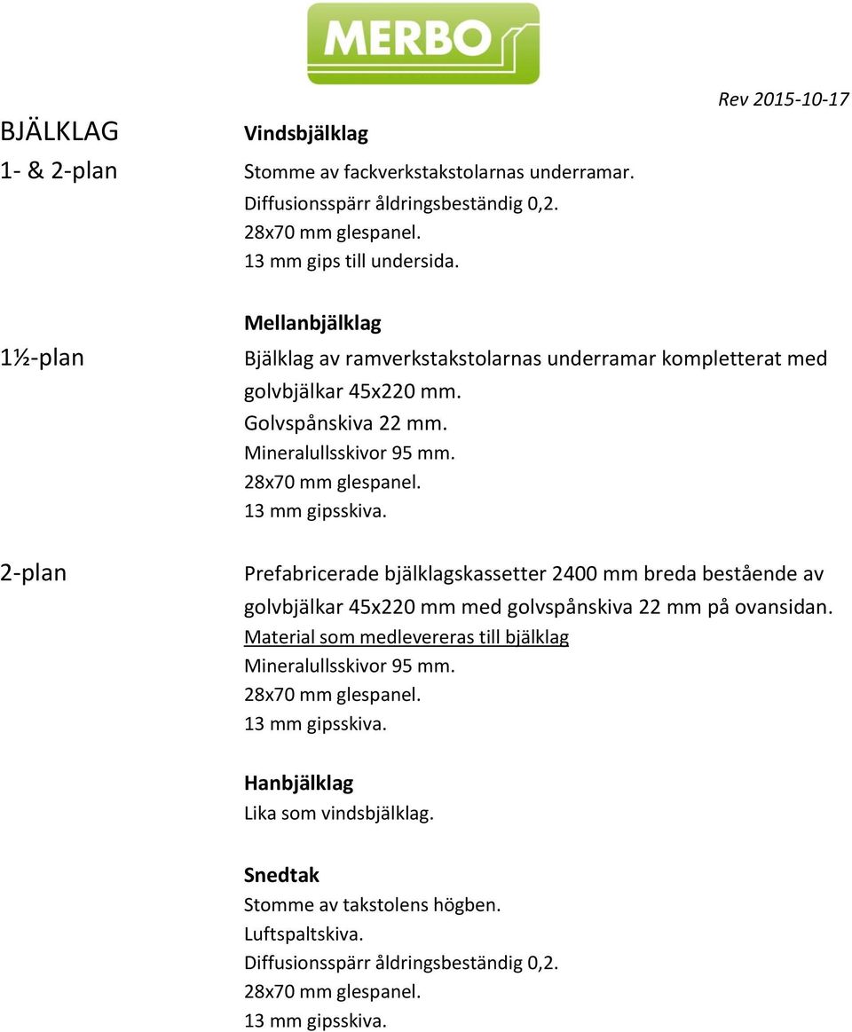 2-plan Prefabricerade bjälklagskassetter 2400 mm breda bestående av golvbjälkar 45x220 mm med golvspånskiva 22 mm på ovansidan.