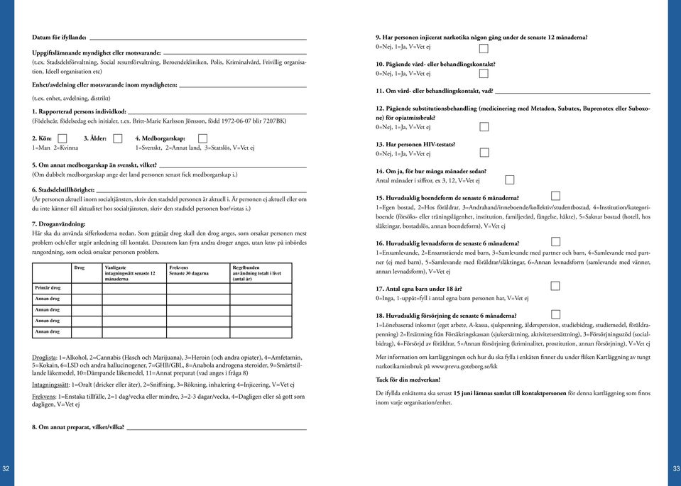 enhet, avdelning, distrikt) 1. Rapporterad persons individkod: (Födelseår, födelsedag och initialer, t.ex. Britt-Marie Karlsson Jönsson, född 1972-06-07 blir 7207BK) 2. Kön: 3. Ålder: 4.