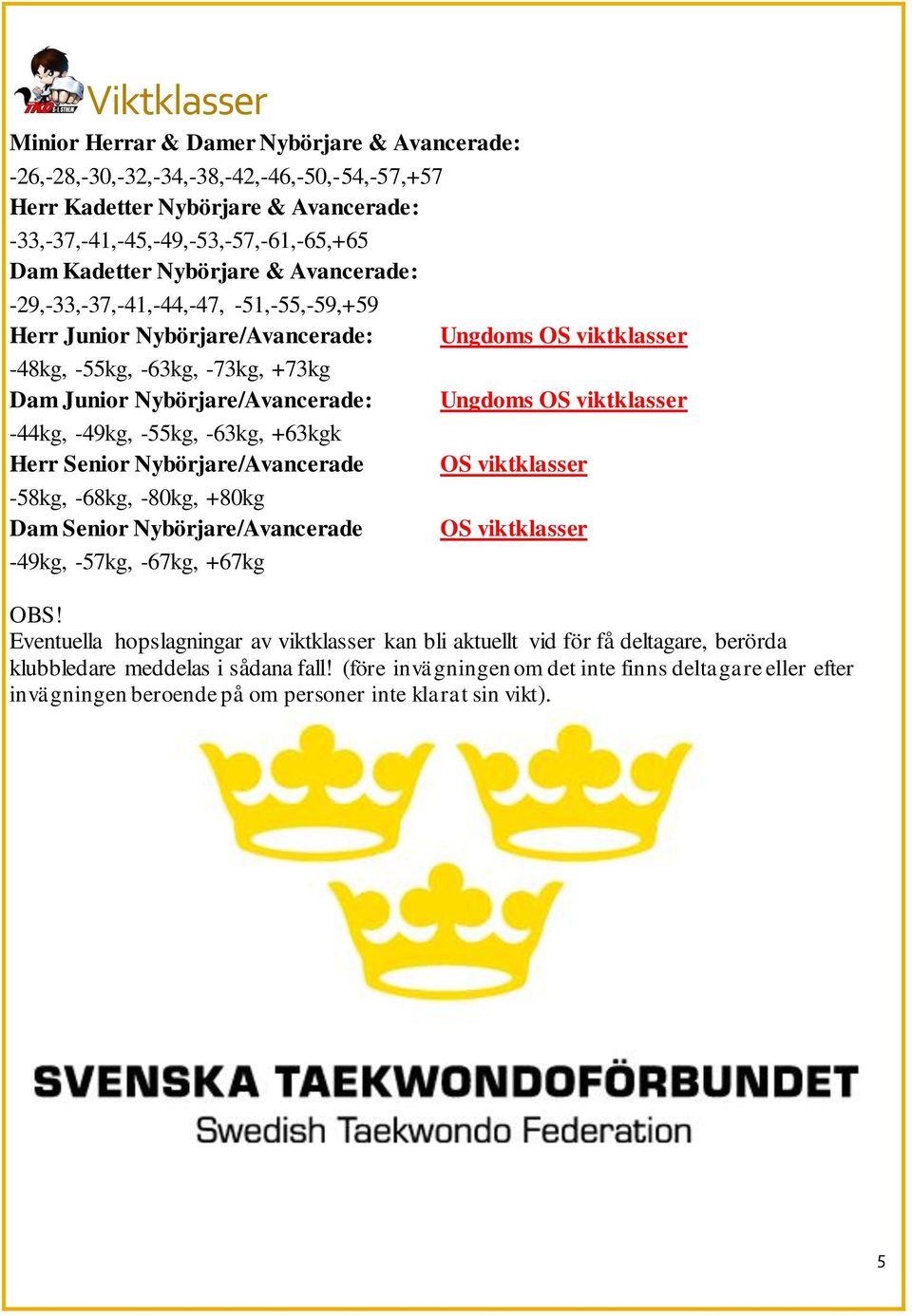 viktklasser -44kg, -49kg, -55kg, -63kg, +63kgk Herr Senior Nybörjare/Avancerade OS viktklasser -58kg, -68kg, -80kg, +80kg Dam Senior Nybörjare/Avancerade OS viktklasser -49kg, -57kg, -67kg, +67kg OBS!