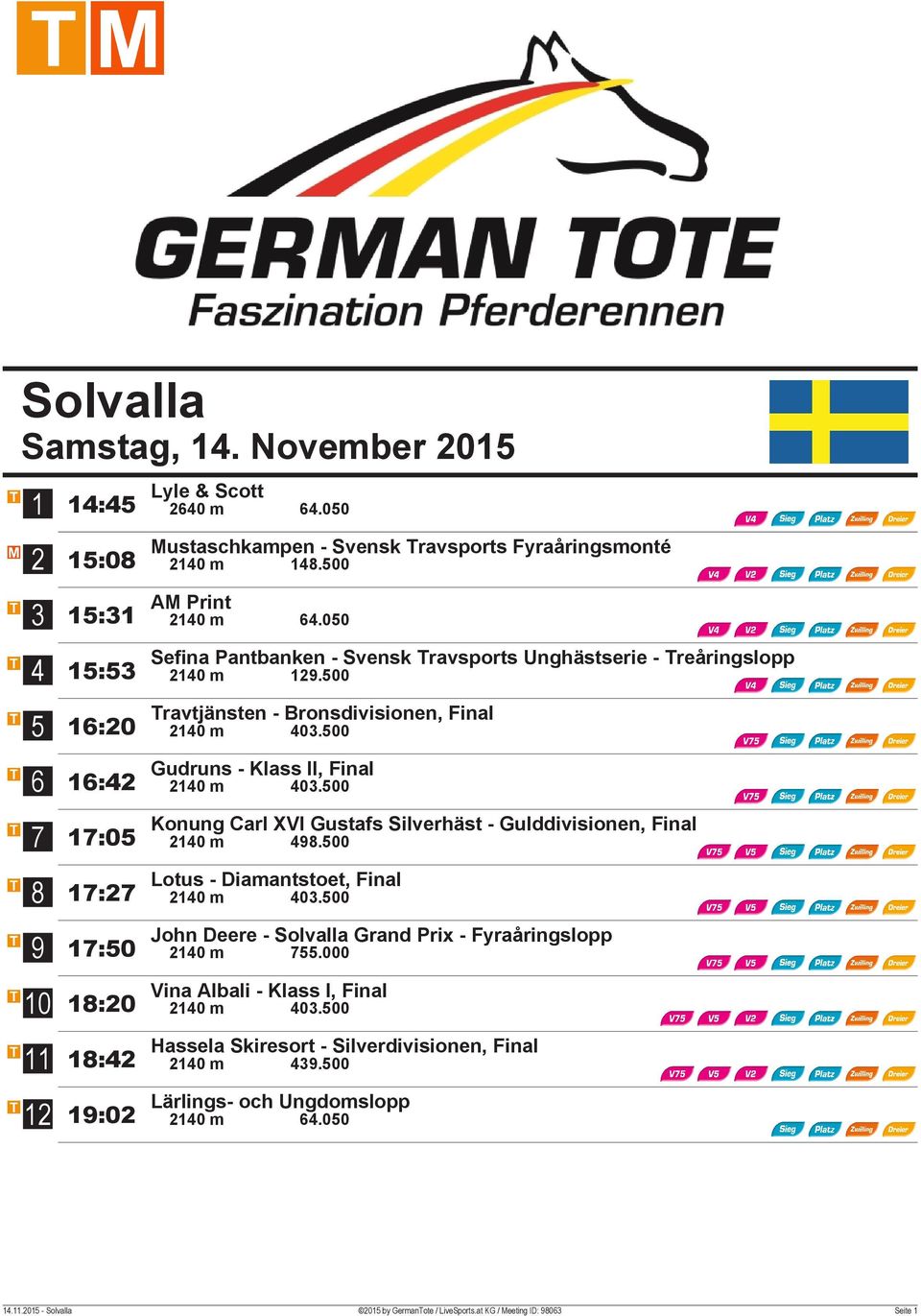 00 Konung Carl XVI Gustafs Silverhäst - Gulddivisionen, Final 0 m.00 Lotus - Diamantstoet, Final 0 m 0.00 John Deere - Solvalla Grand Prix - Fyraåringslopp 0 m.