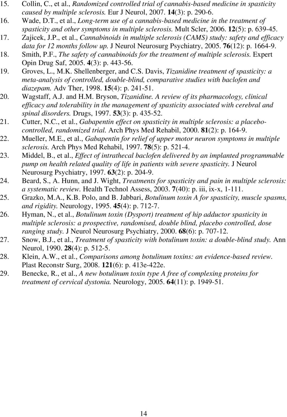 76(12): p. 1664-9. 18. Smith, P.F., The safety of cannabinoids for the treatment of multiple sclerosis. Expert Opin Drug Saf, 2005. 4(3): p. 443-56. 19. Groves, L., M.K. Shellenberger, and C.S. Davis, Tizanidine treatment of spasticity: a meta-analysis of controlled, double-blind, comparative studies with baclofen and diazepam.