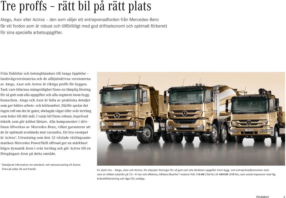 Från flakbilar och betongblandare till tunga tippbilar landsvägsversionerna och de allhjulsdrivna versionerna av Atego, Axor och Actros är riktiga proffs för byggen.