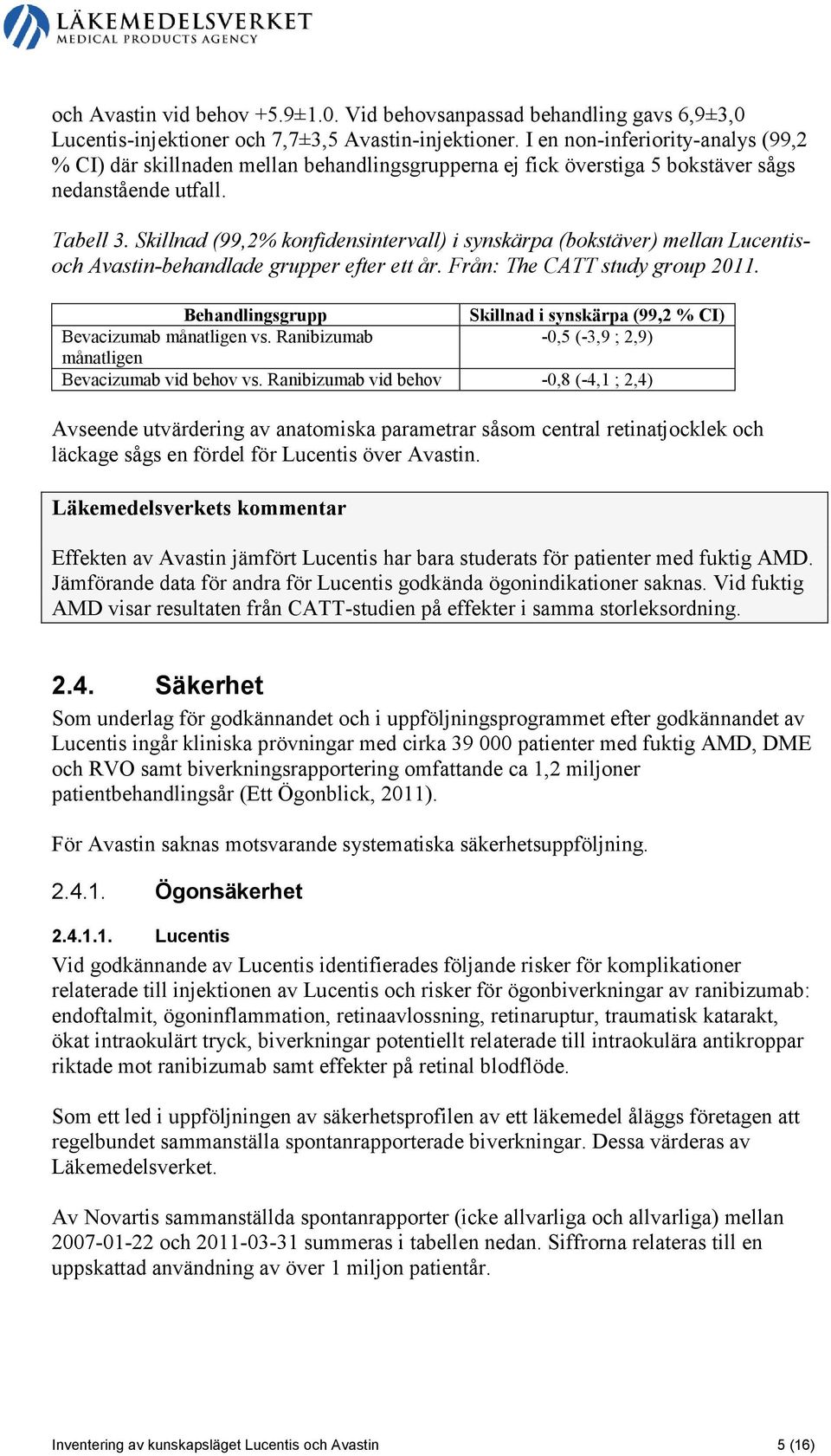 Skillnad (99,2% konfidensintervall) i synskärpa (bokstäver) mellan Lucentisoch Avastin-behandlade grupper efter ett år. Från: The CATT study group 2011.