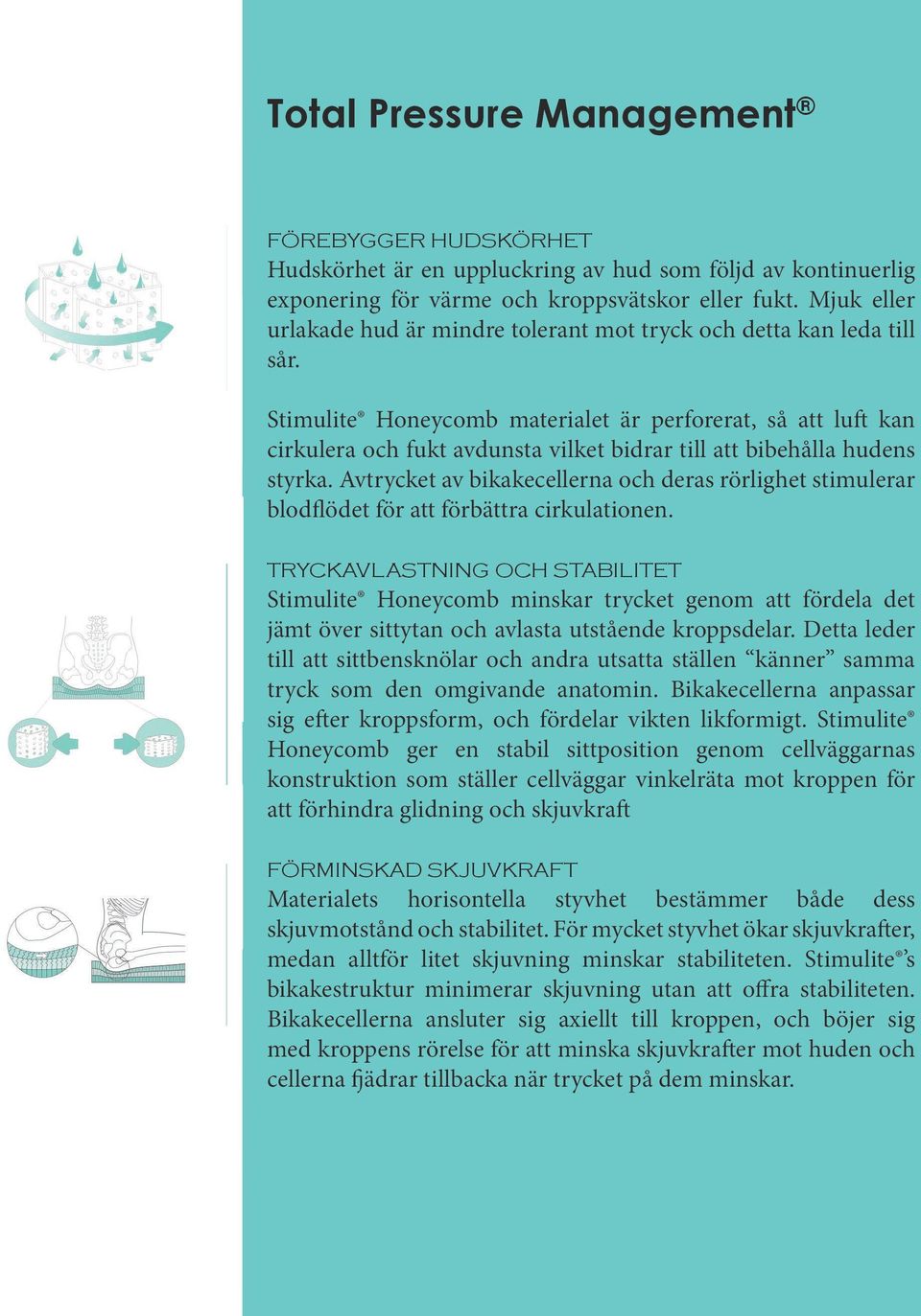 Stimulite Honeycomb materialet är perforerat, så att luft kan cirkulera och fukt avdunsta vilket bidrar till att bibehålla hudens styrka.