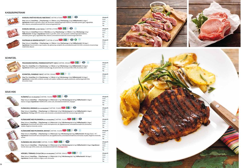 E450:E451, animaliskt protein (gris), vegetabiliskt fiber, rökarom, antioxidationsmedel E301, konserveringsmedel E250 Kassler, skivad, 3,5 mm tjocka ARTNR.