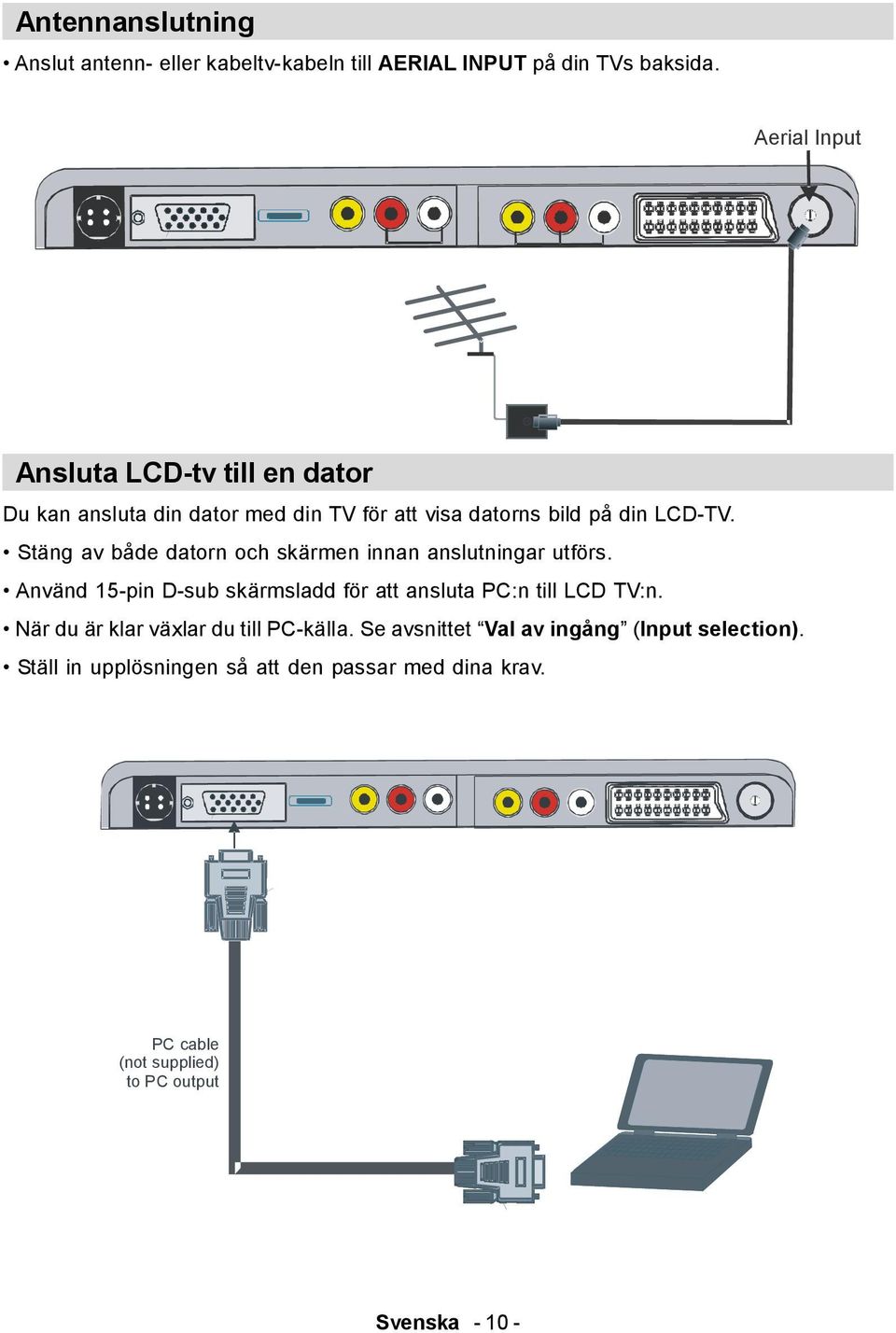Stäng av både datorn och skärmen innan anslutningar utförs. Använd 15-pin D-sub skärmsladd för att ansluta PC:n till LCD TV:n.