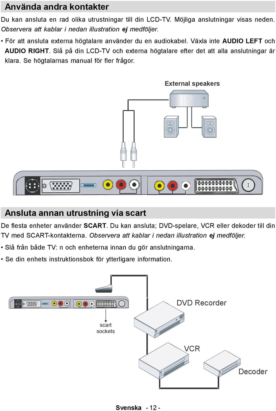 Se högtalarnas manual för fler frågor. External speakers Ansluta annan utrustning via scart De flesta enheter använder SCART.