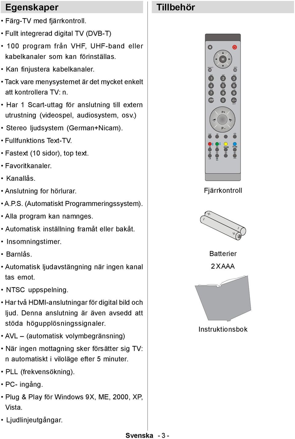 Fullfunktions Text-TV. Fastext (10 sidor), top text. Favoritkanaler. Kanallås. Anslutning for hörlurar. A.P.S. (Automatiskt Programmeringssystem). Alla program kan namnges.