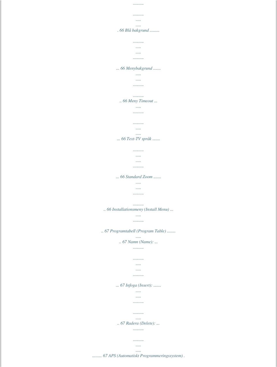 ... 66 Installationsmeny (Install Menu)..... 67 Programtabell (Program Table).