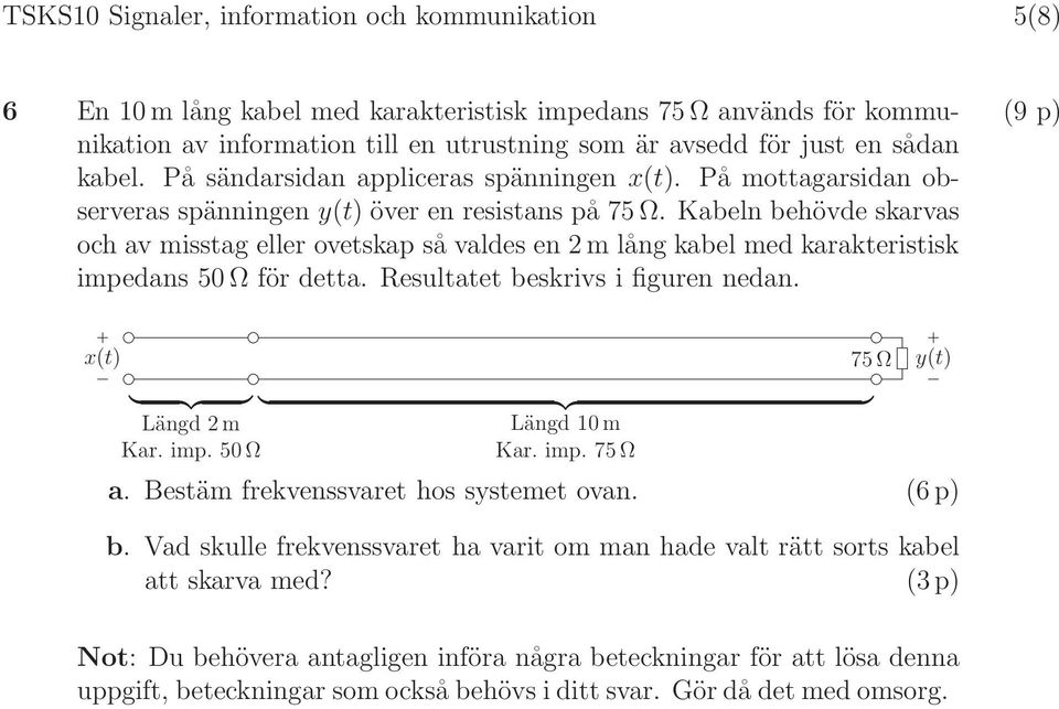 Kabeln behövde skarvas och av misstag eller ovetskap så valdes en 2m lång kabel med karakteristisk impedans 50 Ω för detta. Resultatet beskrivs i figuren nedan.