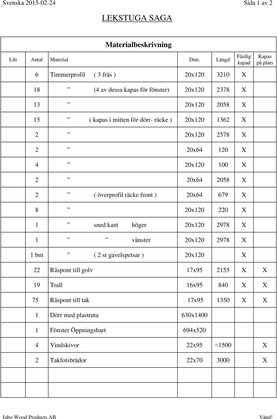 20x120 1362 X 2 20x120 2578 X 2 20x64 120 X 4 20x120 100 X 2 20x64 2058 X 2 ( överprofil räcke front ) 20x64 679 X 8 20x120 220 X 1 sned kant höger 20x120 2978 X 1 vänster 20x120