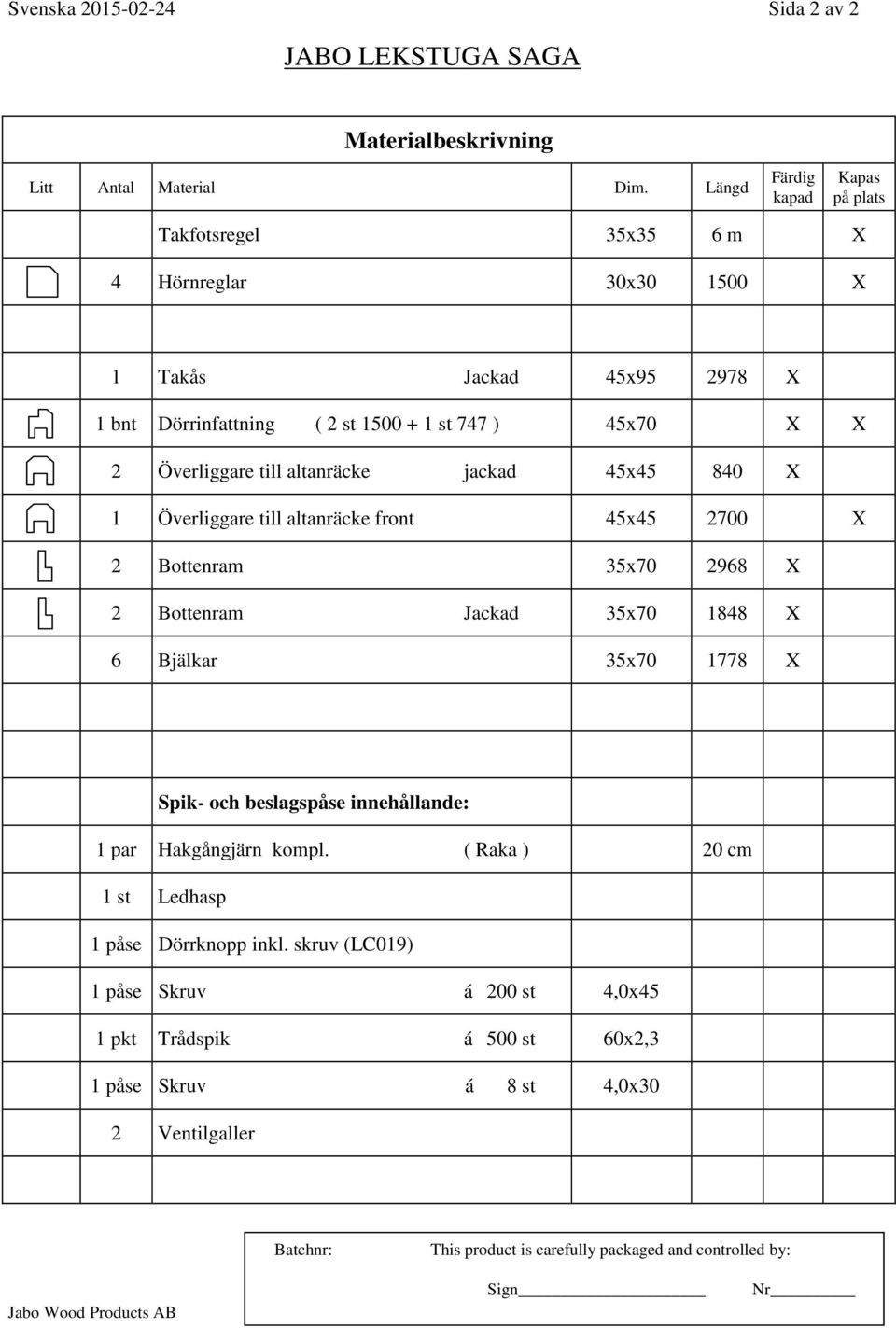 altanräcke jackad 45x45 840 X 1 Överliggare till altanräcke front 45x45 2700 X 2 Bottenram 35x70 2968 X 2 Bottenram Jackad 35x70 1848 X 6 Bjälkar 35x70 1778 X Spik- och beslagspåse