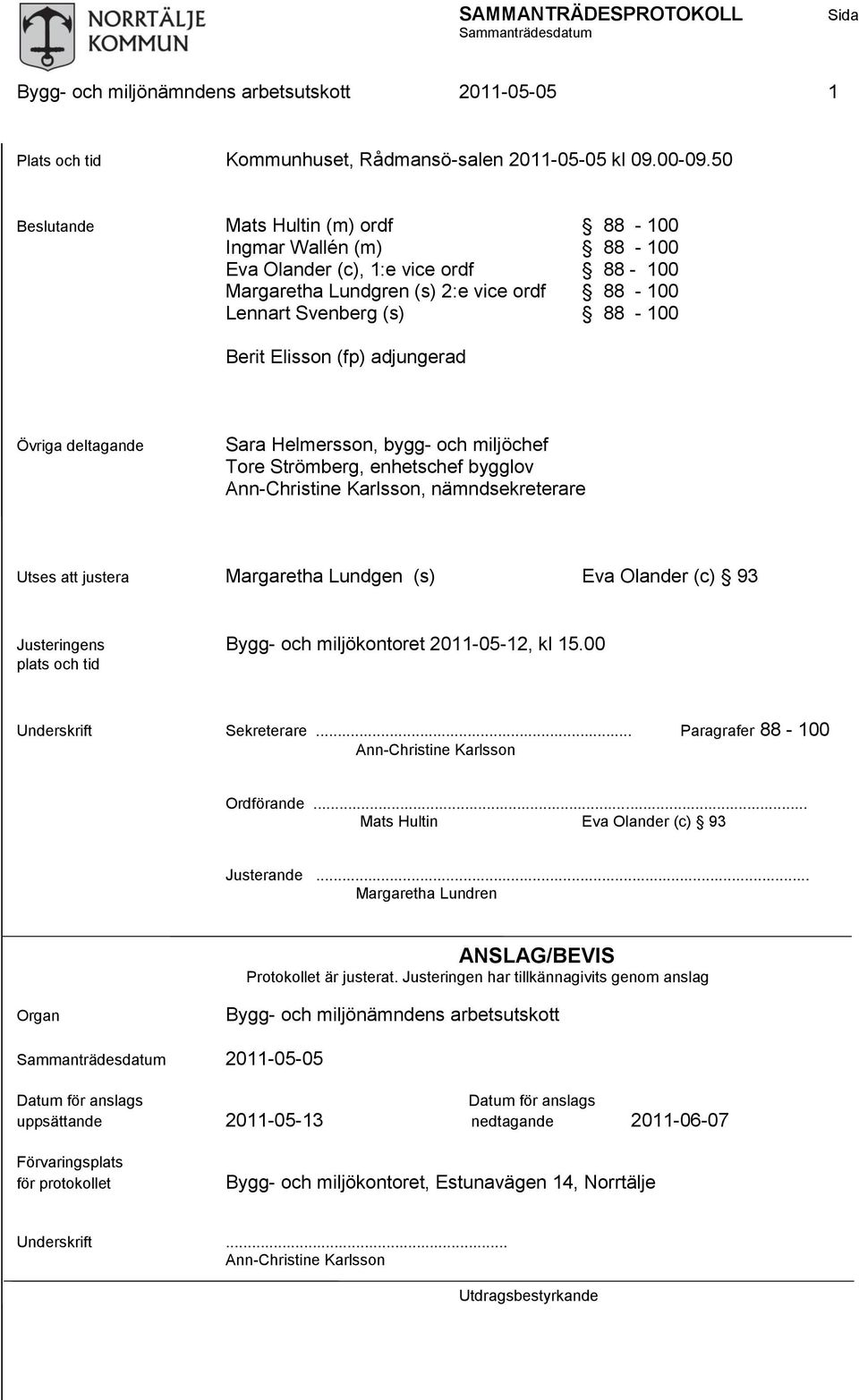adjungerad Övriga deltagande Sara Helmersson, bygg- och miljöchef Tore Strömberg, enhetschef bygglov Ann-Christine Karlsson, nämndsekreterare Utses att justera Margaretha Lundgen (s) Eva Olander (c)