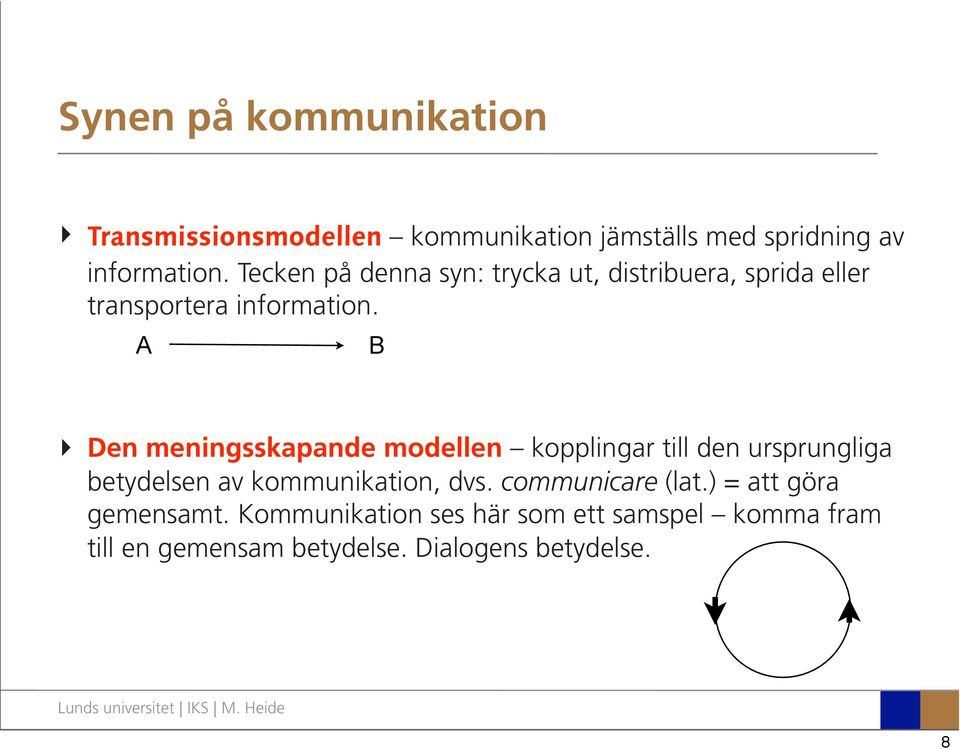 Den meningsskapande modellen kopplingar till den ursprungliga betydelsen av kommunikation, dvs.