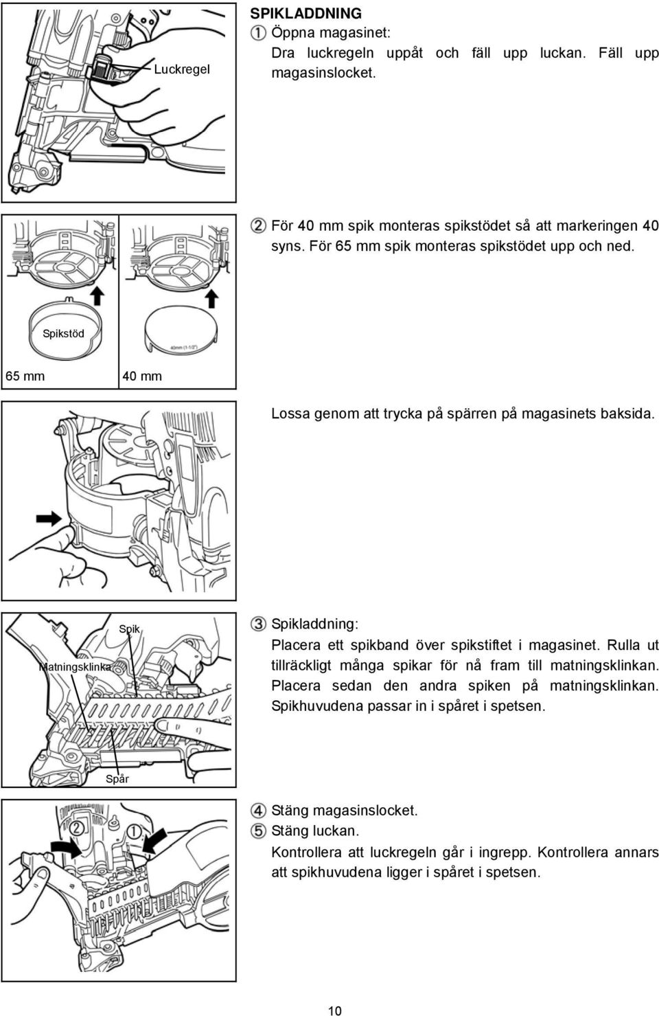 Matningsklinka Spik Spikladdning: Placera ett spikband över spikstiftet i magasinet. Rulla ut tillräckligt många spikar för nå fram till matningsklinkan.