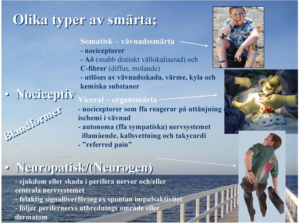 vävnad - autonoma (ffa sympatiska) nervsystemet illamående, kallsvettning och takycardi - referred pain Neuropatisk/(Neurogen) - sjukdom eller skada i