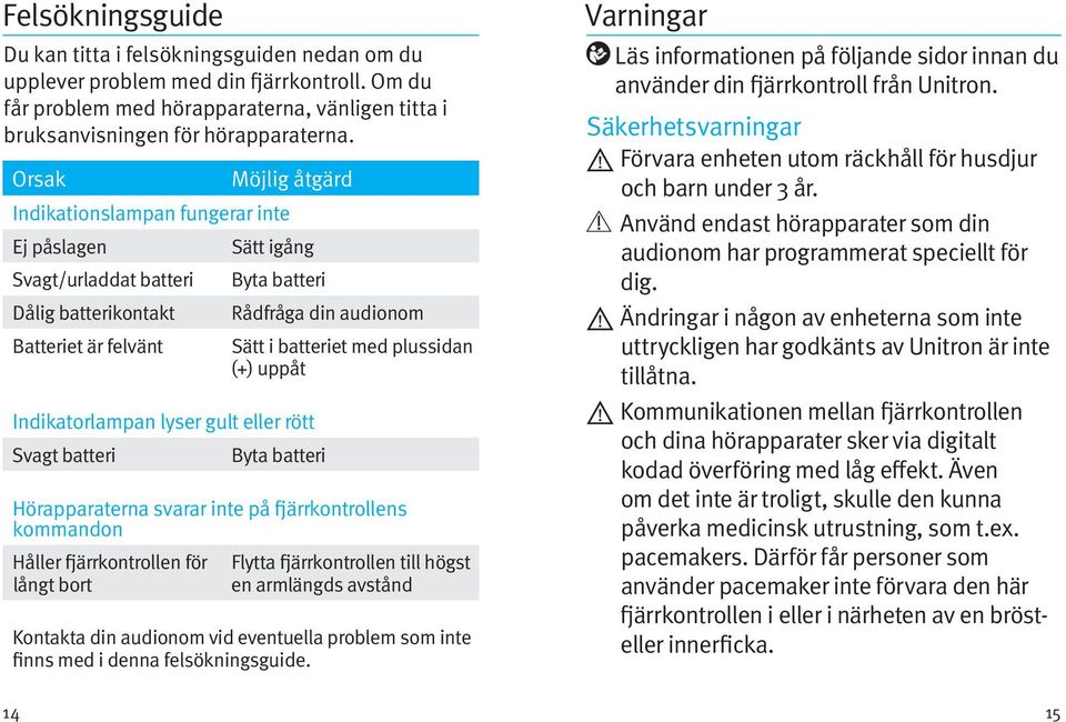 batteri Rådfråga din audionom Sätt i batteriet med plussidan (+) uppåt Byta batteri Hörapparaterna svarar inte på fjärrkontrollens kommandon Håller fjärrkontrollen för långt bort Flytta