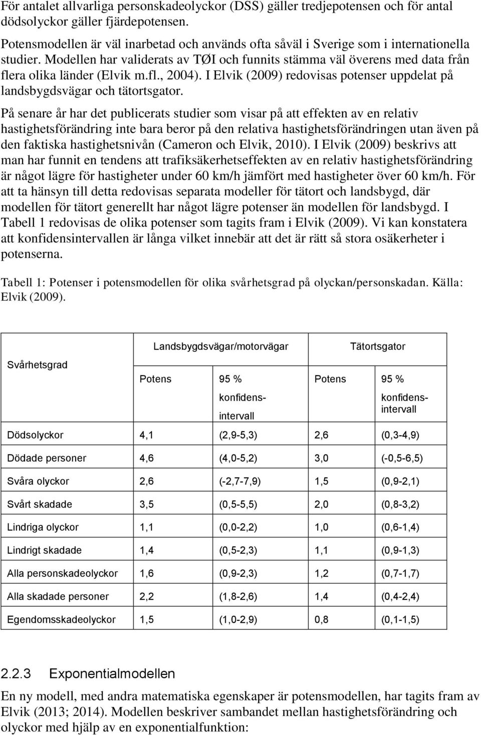 fl., 2004). I Elvik (2009) redovisas potenser uppdelat på landsbygdsvägar och tätortsgator.